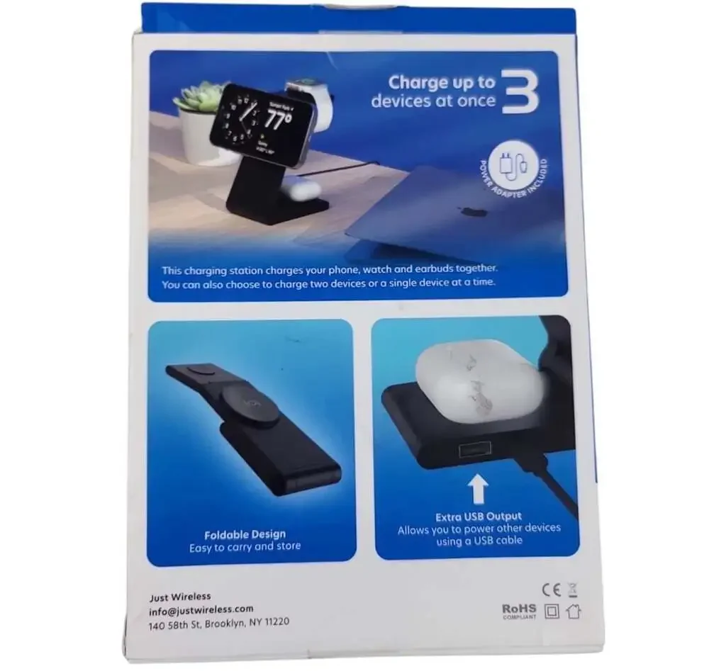 Just Wireless 3-in-1 Desktop Magnetic Charging Station,‎ 20W, Foldable, Black